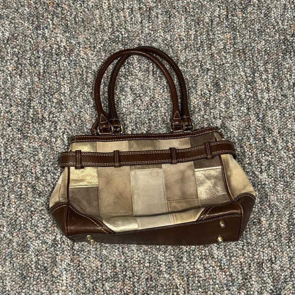 Coach Satchel Bag Womens Brown Gold Patchwork Leather Suede Horsebit Purse